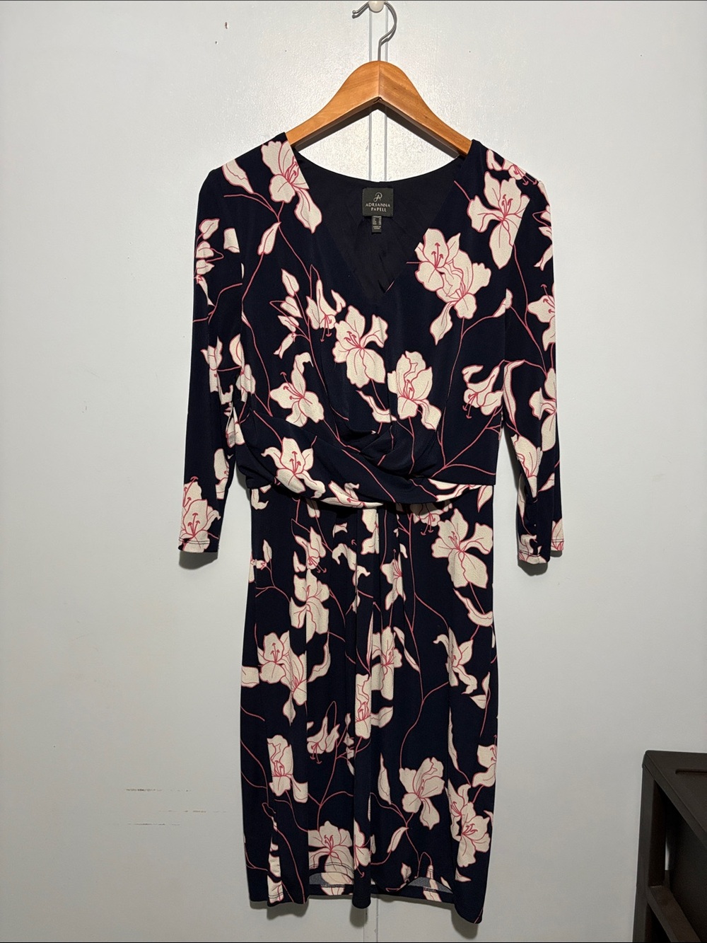 Adrianna Papell Navy Floral Surplice Long-Sleeve Dress